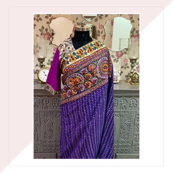 Purple And Pink Ikat And Kalamkari Saree With Kutch Work With Green Kalamkari Blouse