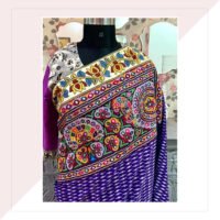 Purple And Pink Ikat And Kalamkari Saree With Kutch Work With Green Kalamkari Blouse