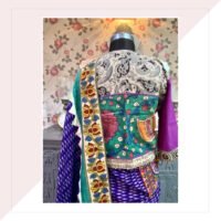 Purple And Pink Ikat And Kalamkari Saree With Kutch Work With Green Kalamkari Blouse