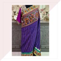 Purple And Pink Ikat And Kalamkari Saree With Kutch Work With Green Kalamkari Blouse