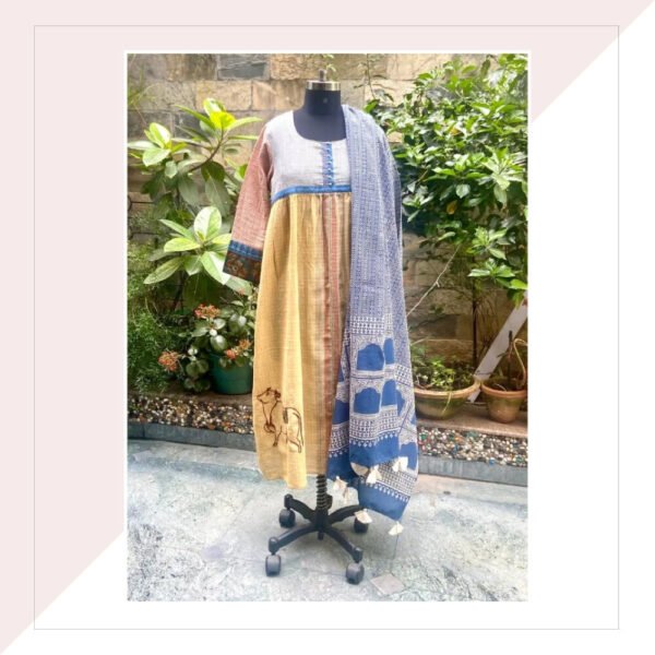 Yellow Kurta With Blue Ajrakh Dupatta