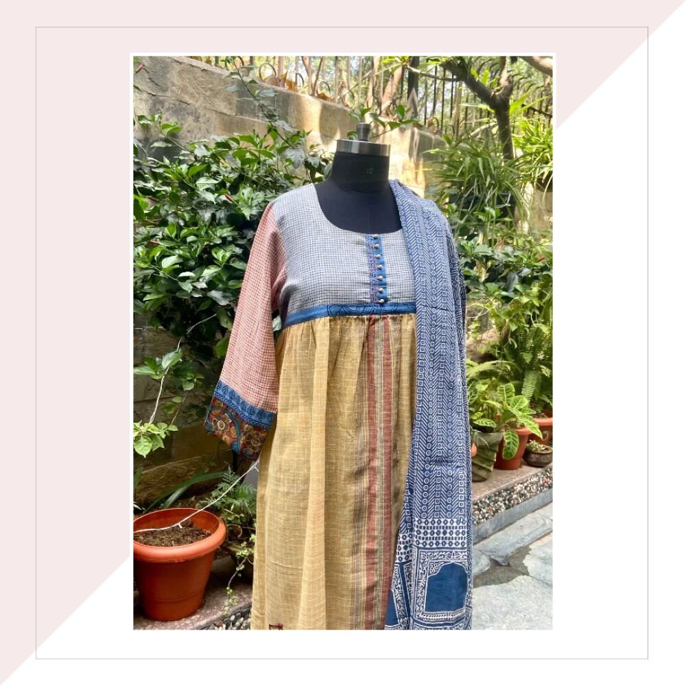 Yellow Kurta With Blue Ajrakh Dupatta