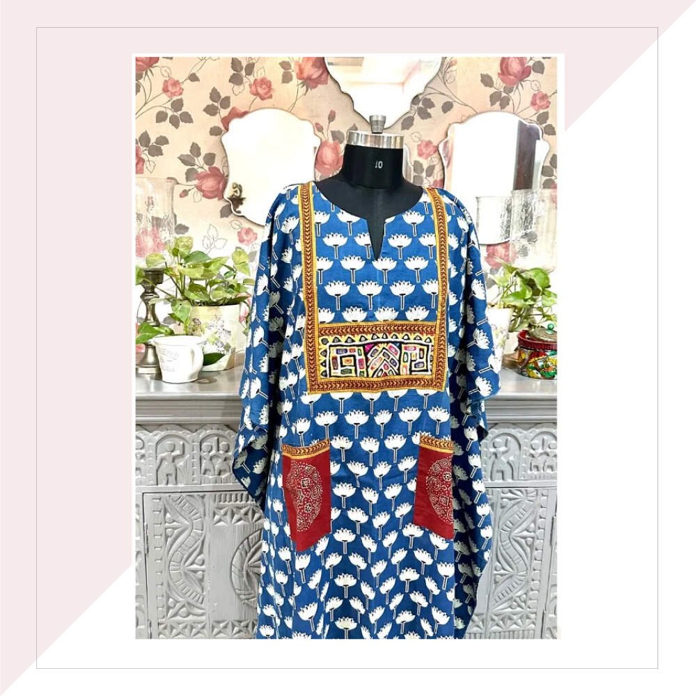 Blue And Red Ajrakh Cotton Kaftan Dress