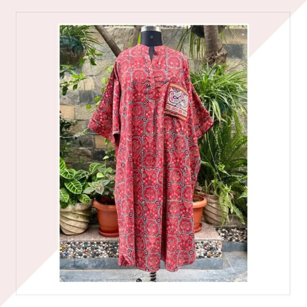 Red And Blue Ajrakh Cotton Kaftan Dress