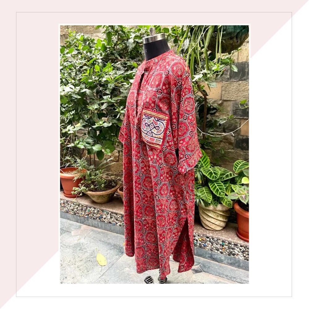 Red And Blue Ajrakh Cotton Kaftan Dress