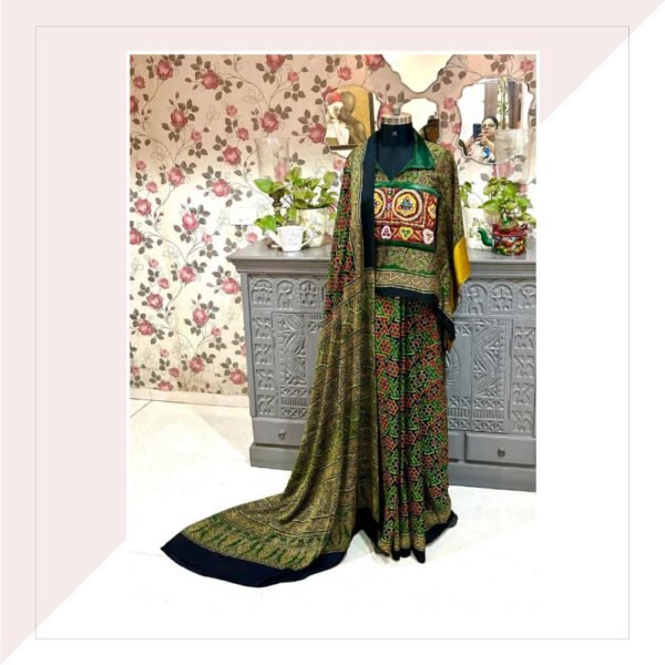 Green And Red Ajrakh Print Modal Silk Saree With Kaftan Blouse