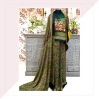 Green And Red Ajrakh Print Modal Silk Saree With Kaftan Blouse