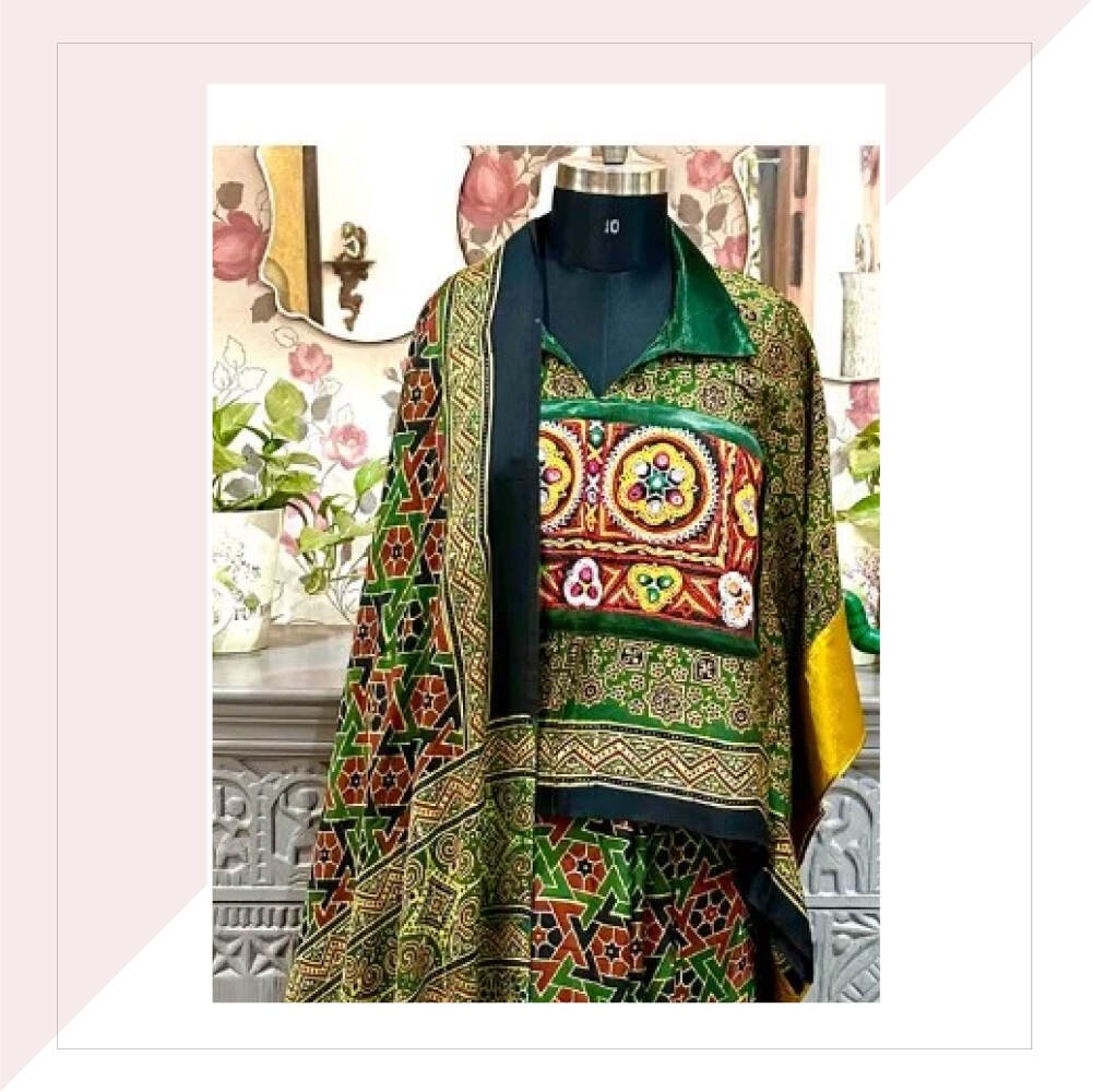 Green And Red Ajrakh Print Modal Silk Saree With Kaftan Blouse