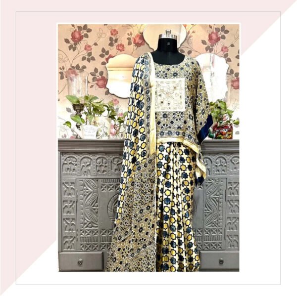 Cream Blue and Mustard Ajrakh Star Print Modal Silk Saree with Kaftan Blouse