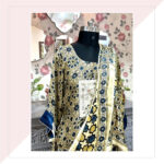 Cream Blue and Mustard Ajrakh Star Print Modal Silk Saree with Kaftan Blouse