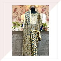 Cream Blue and Mustard Ajrakh Star Print Modal Silk Saree with Kaftan Blouse