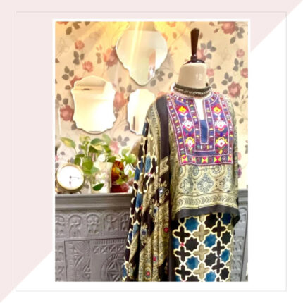 Beige Blue and Mustard Ajrakh Star Print Modal Silk Saree with Kaftan Blouse