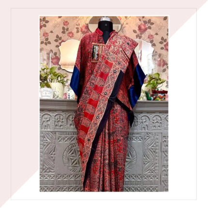Blue And Madder Ajrakh Print Modal Silk Saree With Kaftan Blouse