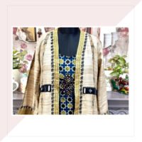 Tussar Silk Beige Blue And Black Long Jacket With Inner