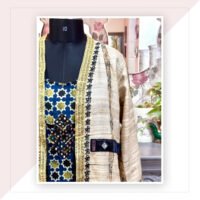 Tussar Silk Beige Blue And Black Long Jacket With Inner