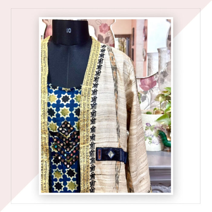 Tussar Silk Beige Blue And Black Long Jacket With Inner