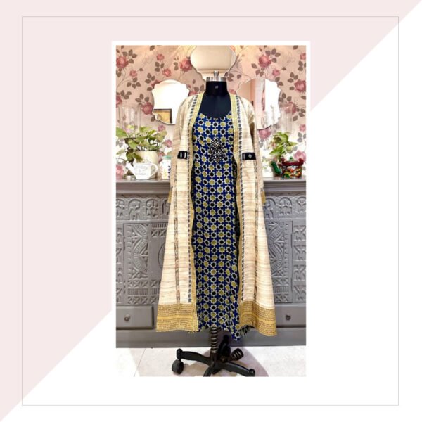 Tussar Silk Beige Blue And Black Long Jacket With Inner