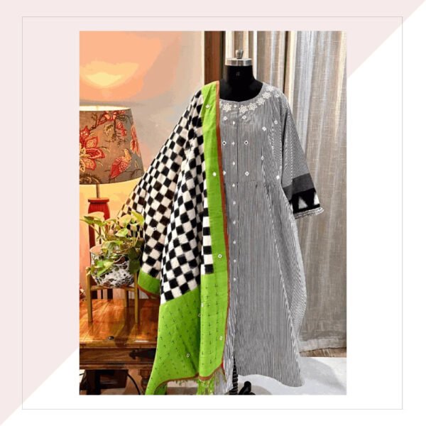 Handloom Mirror Work Kurta With Ikat Dupatta