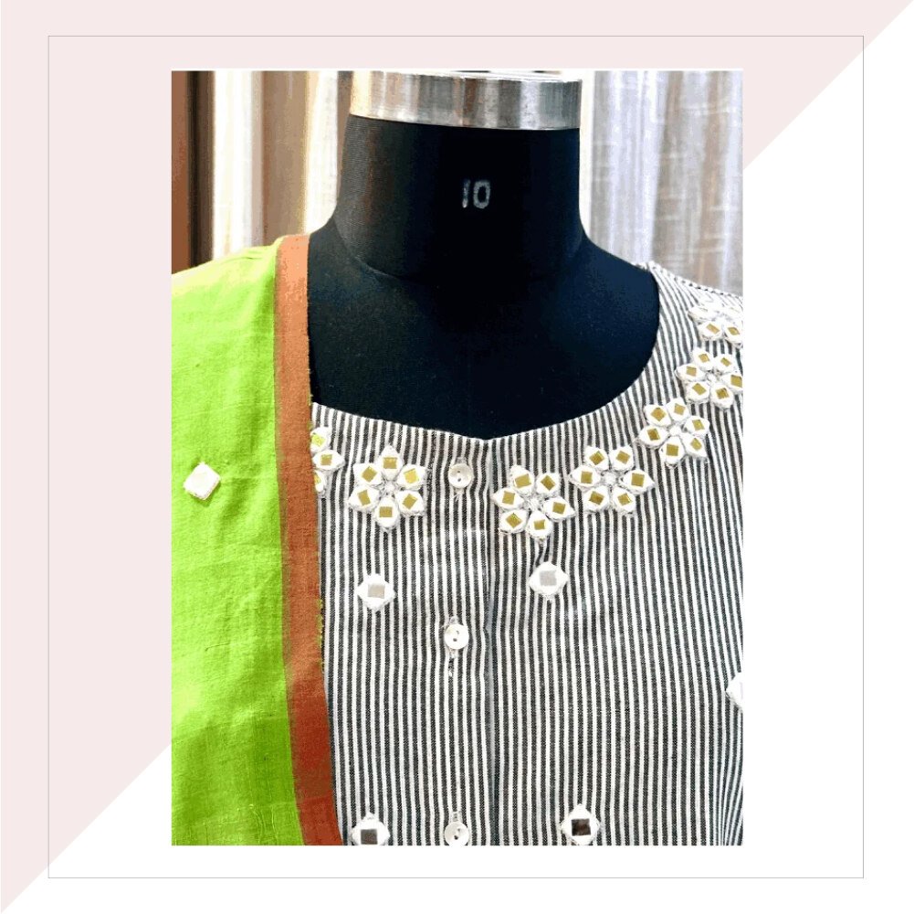 Handloom Mirror Work Kurta With Ikat Dupatta