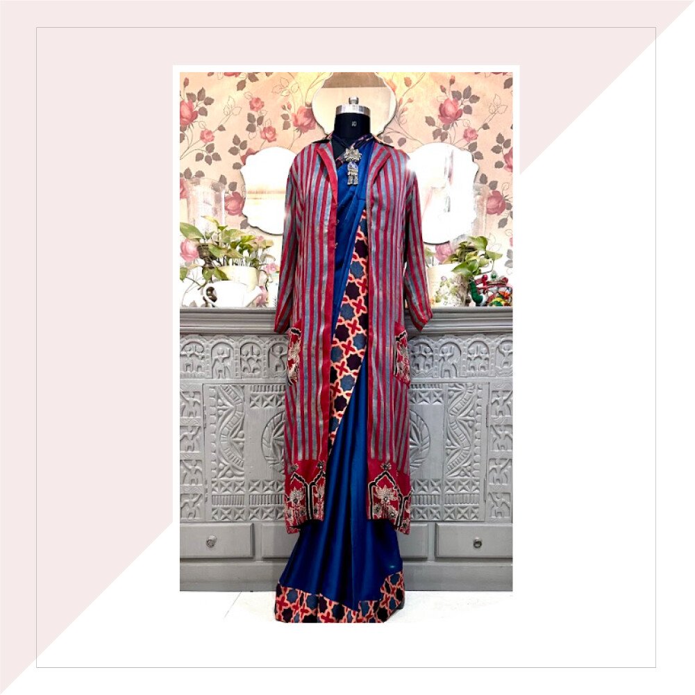 Indigo Ajrakh Print Modal Silk Saree With Long Jacket