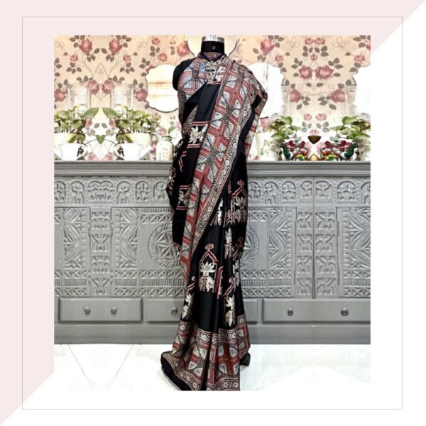 Indigo Ajrakh Print Modal Silk Saree With Short Jacket