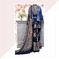 Indigo Ajrakh Print Modal Silk Saree With Short Jacket