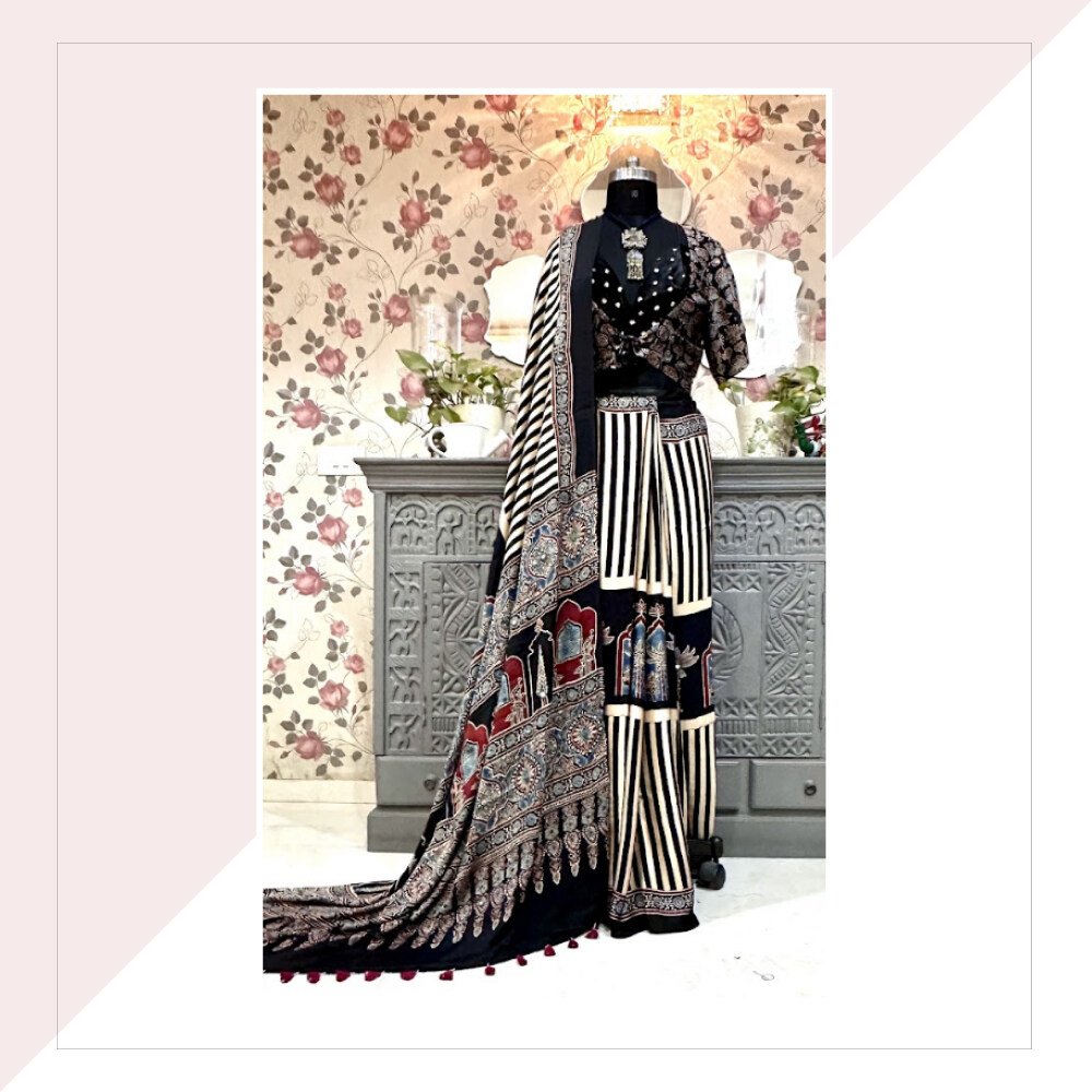 Black Stripes Ajrakh Print Modal Silk Saree With Blouse