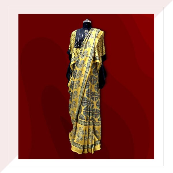 Ochre And Blue Ajrakh Print Modal Silk Saree With Kaftan Blouse