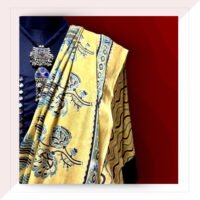 Ochre And Blue Ajrakh Print Modal Silk Saree With Kaftan Blouse