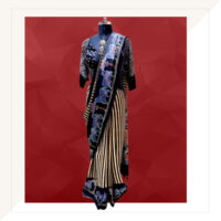 Blue And Black Ajrakh Print Modal Silk Saree With Halter Blouse