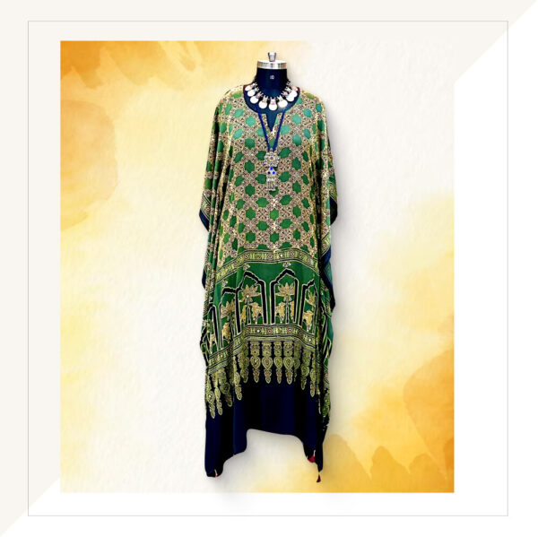 Ajrakh Green And Mustard Modal Silk Long Kaftan Dress