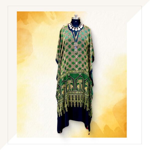 Ajrakh Green And Mustard Modal Silk Long Kaftan Dress