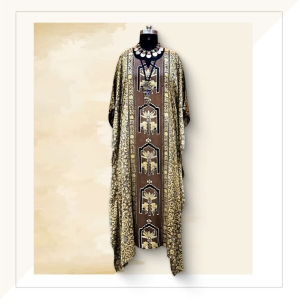 Ajrakh Taupe And Ochre Modal Silk Long Kaftan Dress