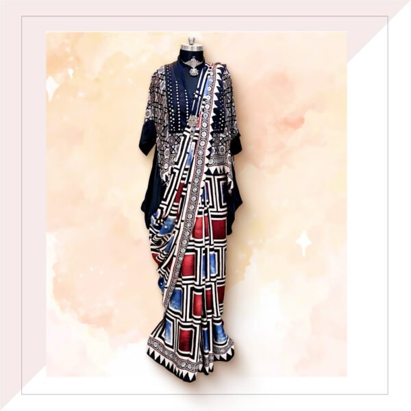 Red Blue And Black Ajrakh Print Modal Silk Saree With Kaftan Blouse