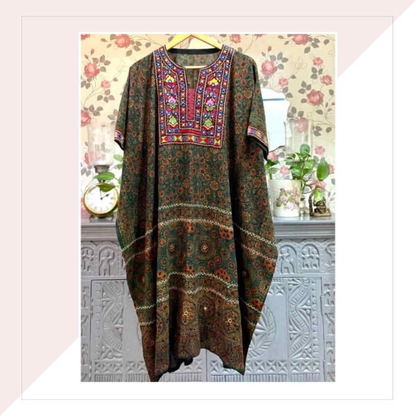 Green And Rust Ajrakh Cotton Kaftan With Maroon Kutch Work Embroidered Yoke