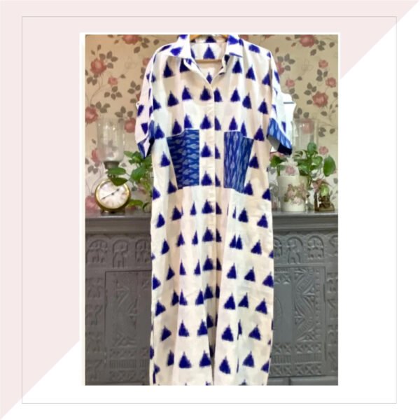 Blue And White Double Ikat Dress With Front Pockets