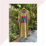 Mustard And Green Hand Blocked Ajrakh Dress With A Front Square Indigo Blue Patch