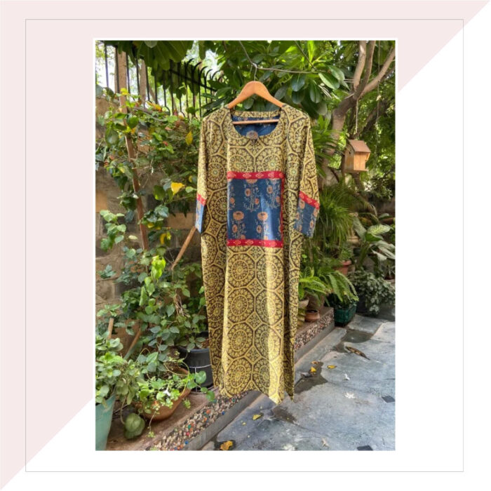 Mustard And Green Hand Blocked Ajrakh Dress With A Front Square Indigo Blue Patch