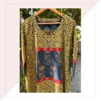 Mustard And Green Hand Blocked Ajrakh Dress With A Front Square Indigo Blue Patch