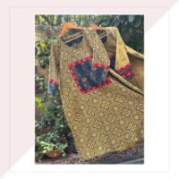 Mustard And Green Hand Blocked Ajrakh Dress With A Front Square Indigo Blue Patch