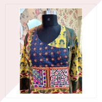 Green Yellow And Indigo Ajrakh Kalidar Dress