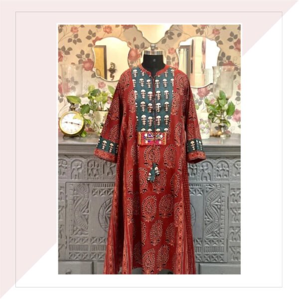 Red And Green Ajrakh Long Dress/Kurta