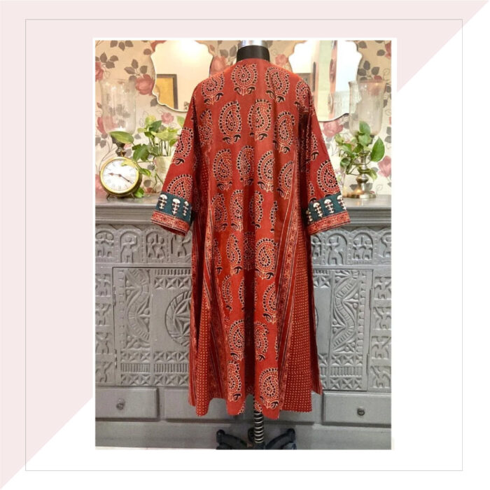Red And Green Ajrakh Long Dress/Kurta