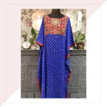 Blue Bandhini Modal Silk Long Kaftan With Red Mirror Work