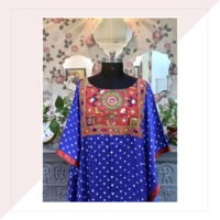 Blue Bandhini Modal Silk Long Kaftan With Red Mirror Work