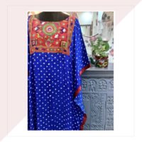 Blue Bandhini Modal Silk Long Kaftan With Red Mirror Work