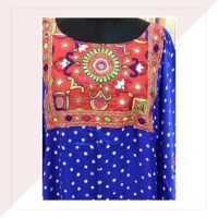 Blue Bandhini Modal Silk Long Kaftan With Red Mirror Work