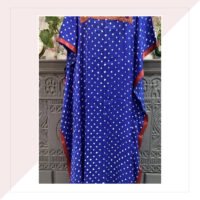 Blue Bandhini Modal Silk Long Kaftan With Red Mirror Work