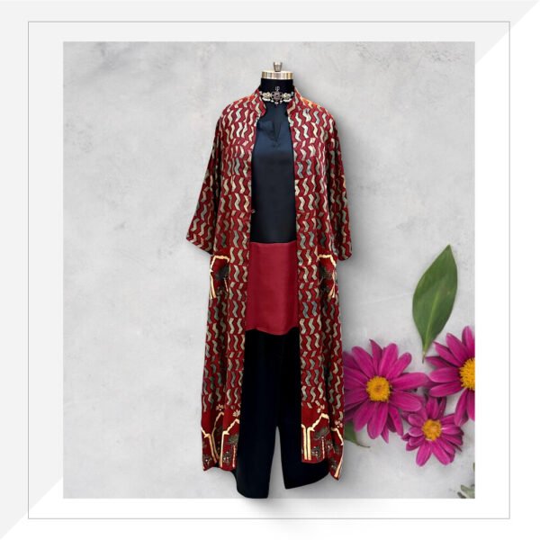 Red And Indigo Ajrakh Modal Long Jacket Dress With Inner