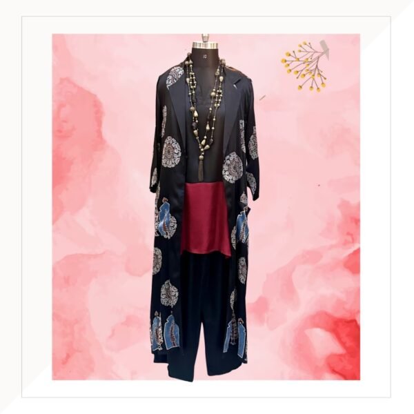 Black Red And Indigo Ajrakh Modal Long Jacket With Inner